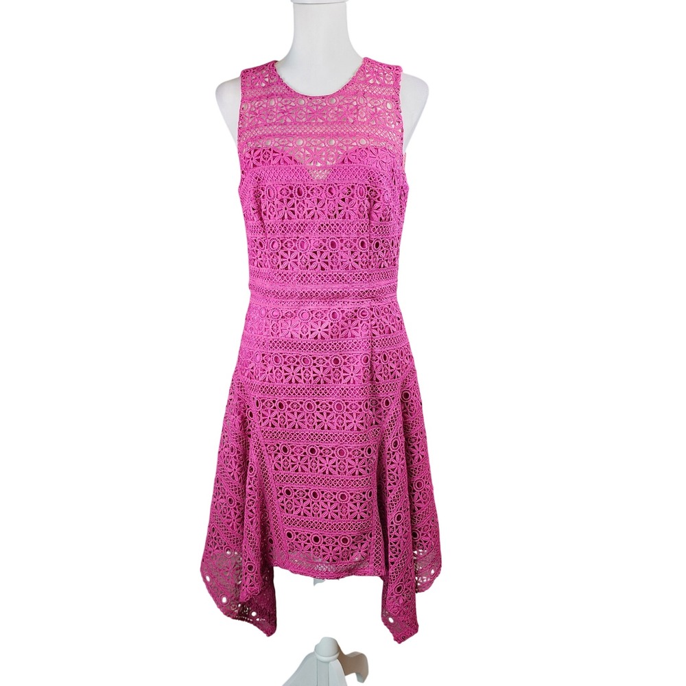 Theia Fit Flare Lace Wedding Guest Dress Women's 8 Pink Magenta Handkerchief Hem